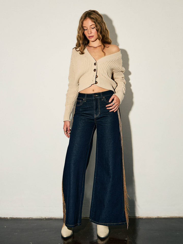 Metal Fringe Wide Leg Jeans