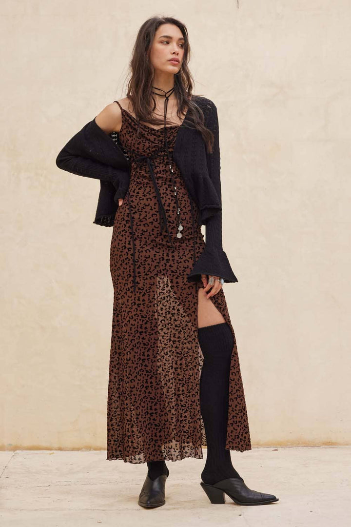 Carolina Leopard Mesh Cowl Maxi Dress