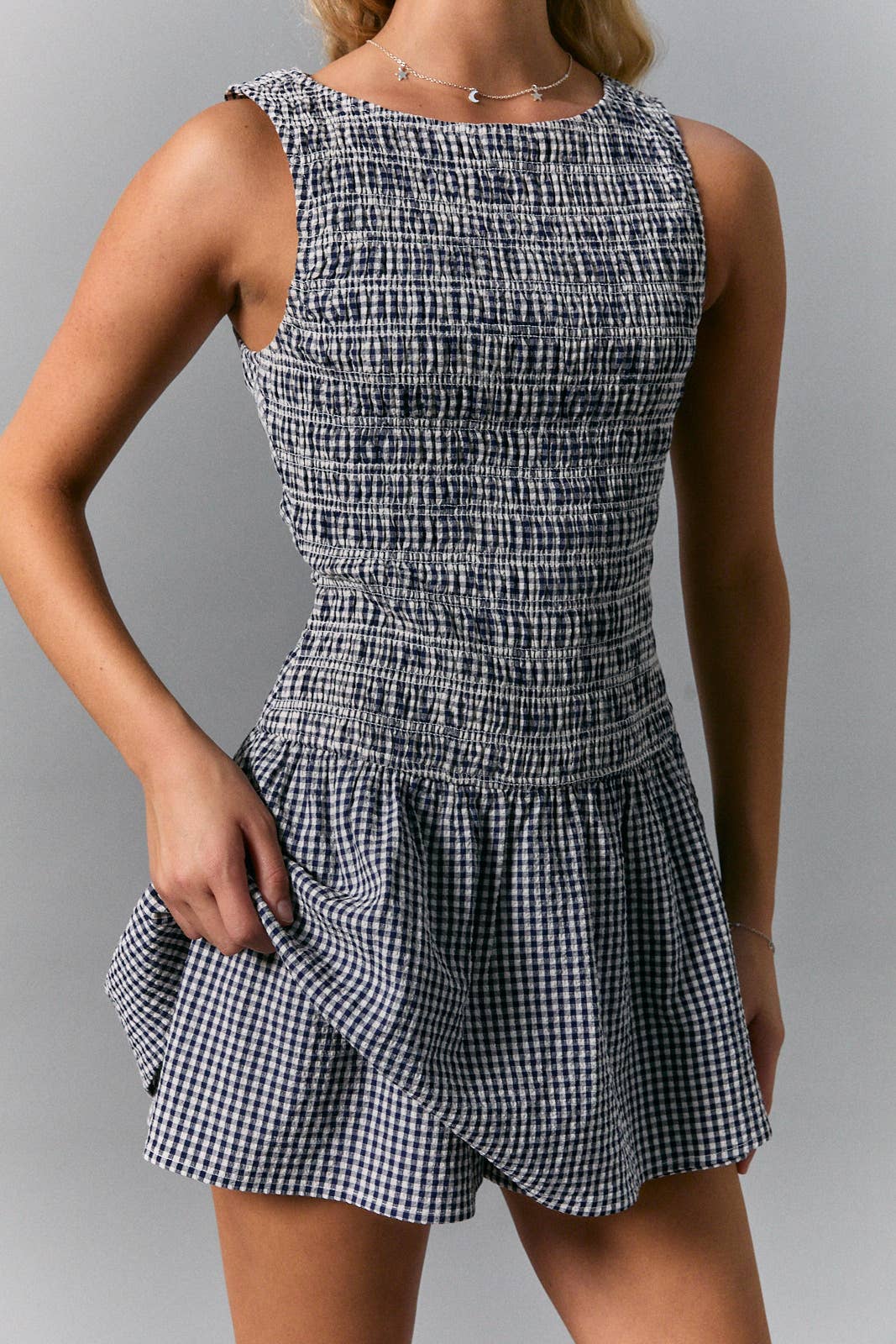 Angie Boat Neck Smocked Gingham Romper