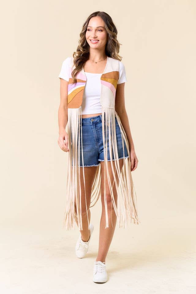 Hazel Color Patch Fringe Vest