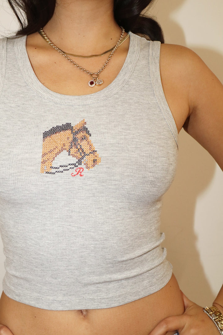 Horse Embroidered Ribbed Tank Top