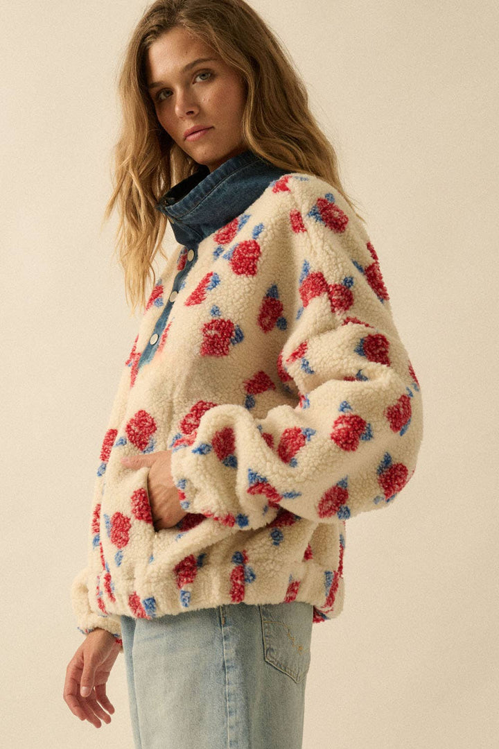 Janie Floral Fleece and Denim Pullover