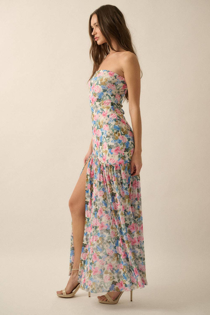 Fiona Floral Mesh Strapless Maxi Dress