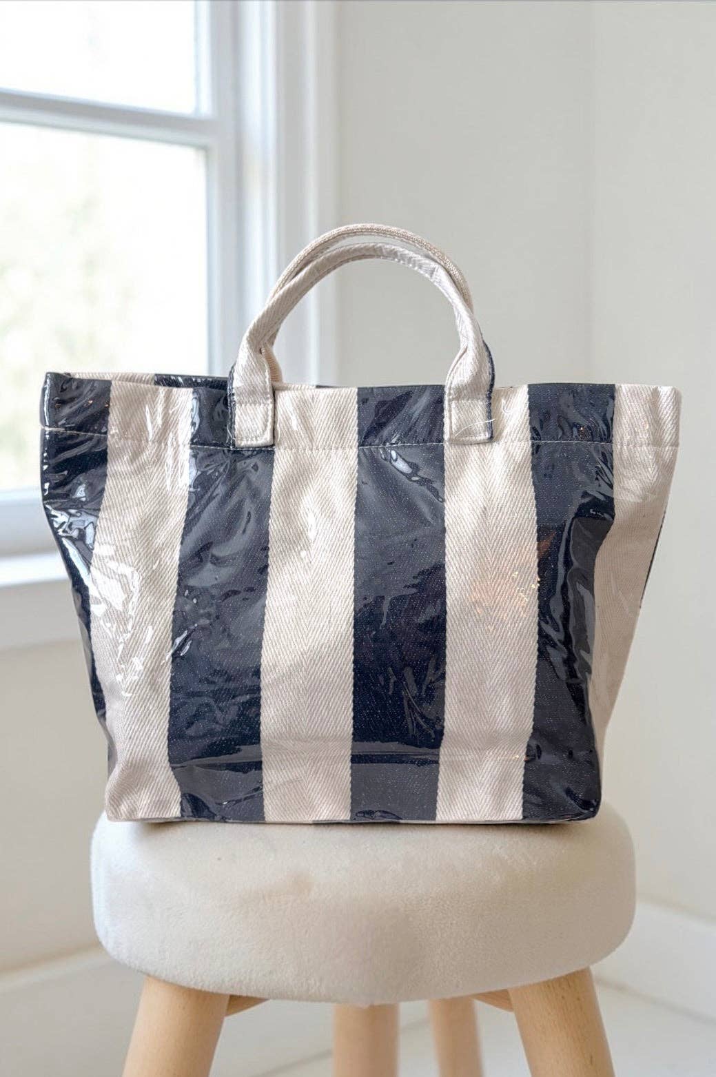 Navy and Beige Striped Tote Bag
