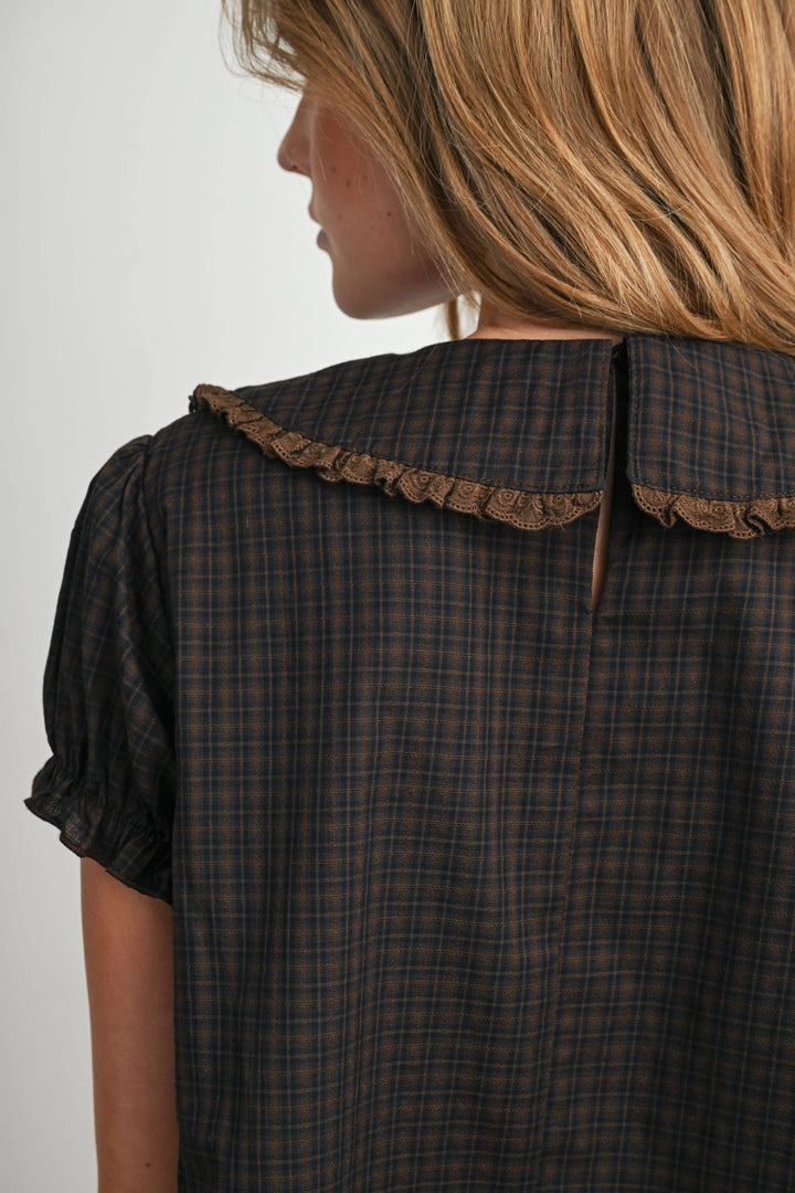 Plaid Peter Pan Collar Puff Sleeve Blouse