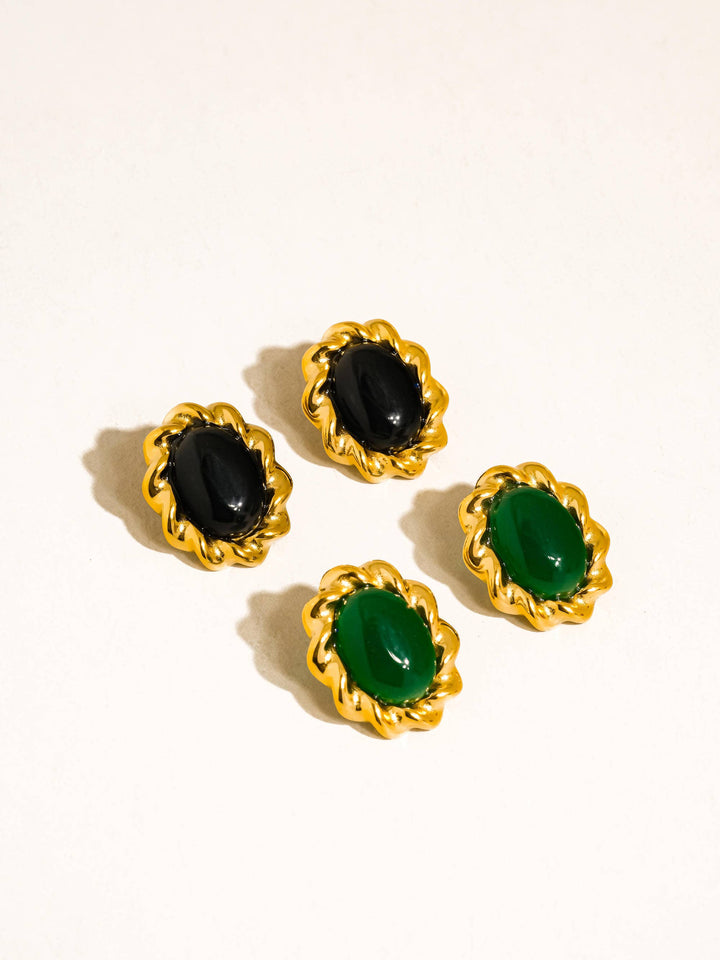 Eulie 18K Gold Vintage Stone Oval Earring