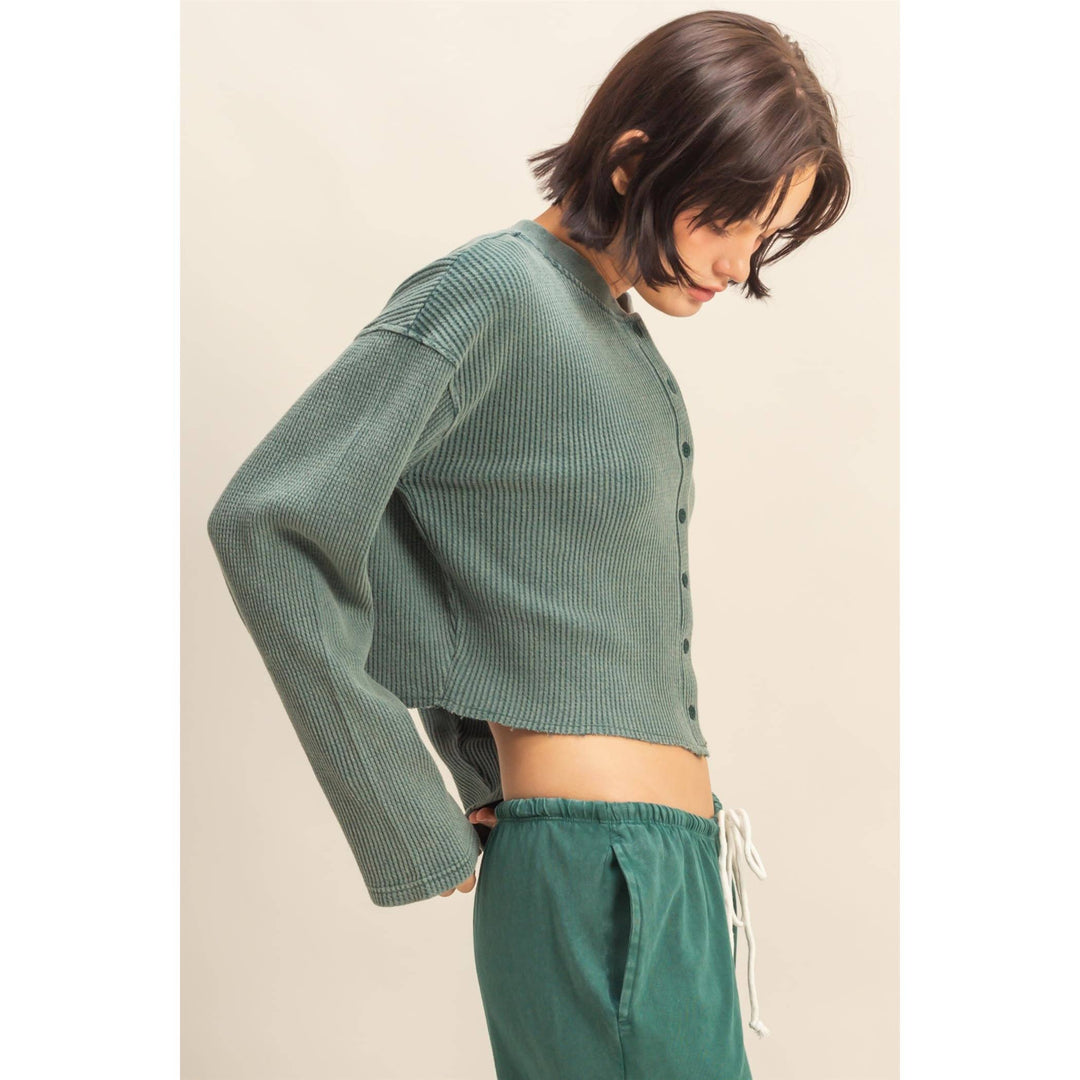 Addie Waffle Long Sleeve Buttoned Crop Top