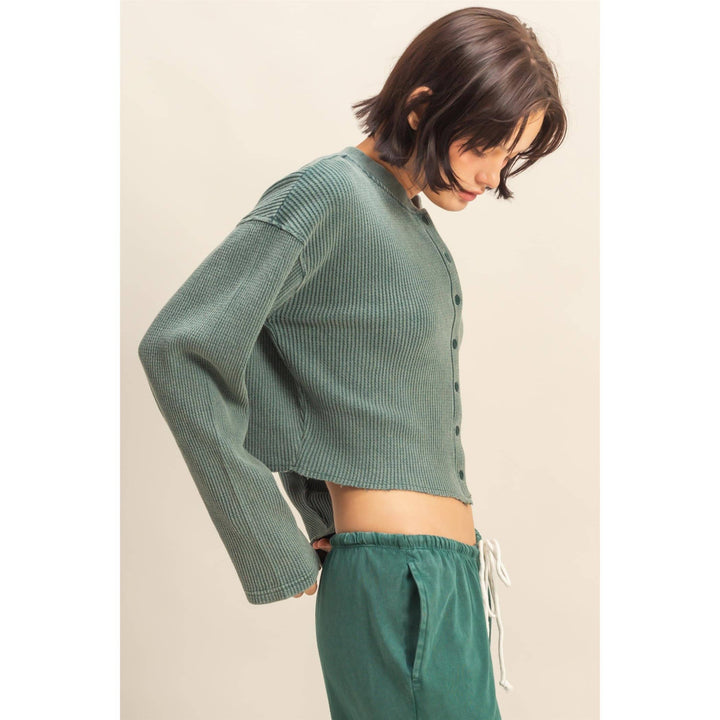 Addie Waffle Long Sleeve Buttoned Crop Top