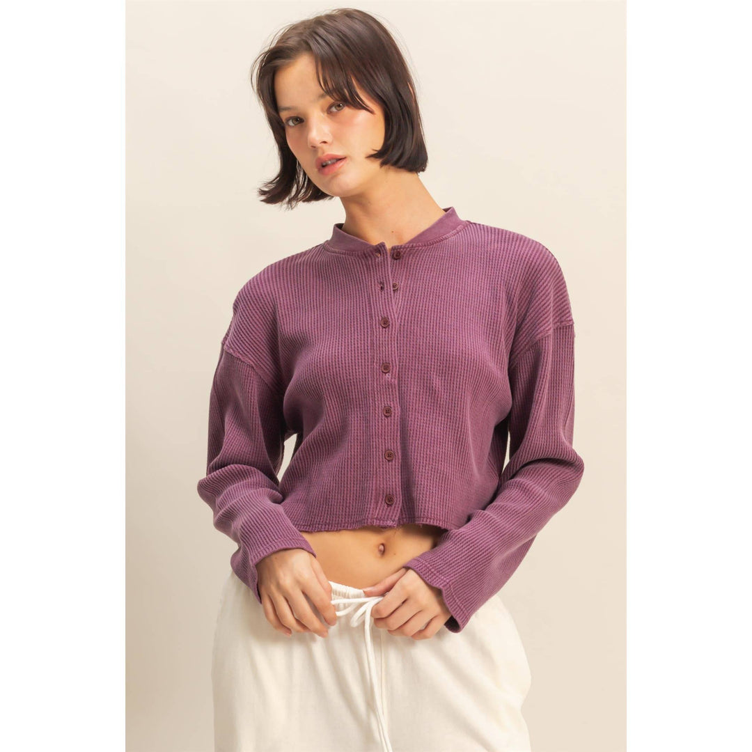 Addie Waffle Long Sleeve Buttoned Crop Top