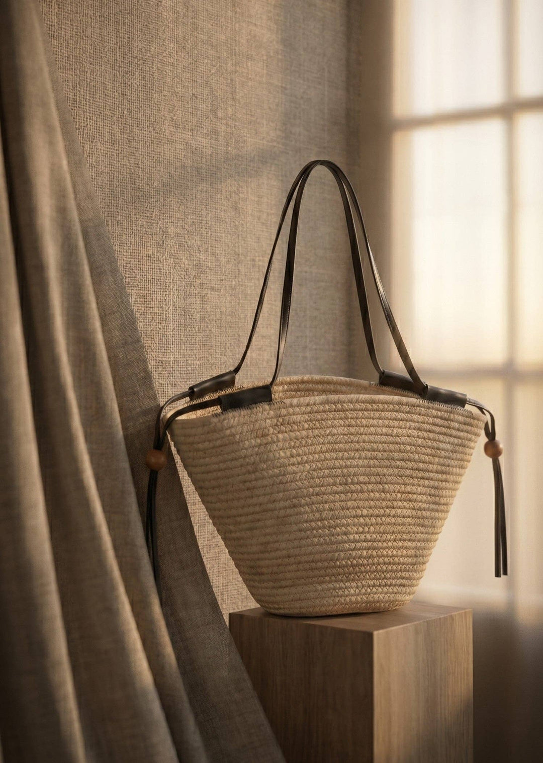 Woven Rope Tote Bag with Leather Handles