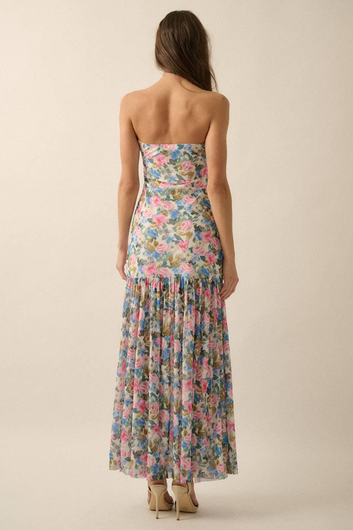 Fiona Floral Mesh Strapless Maxi Dress