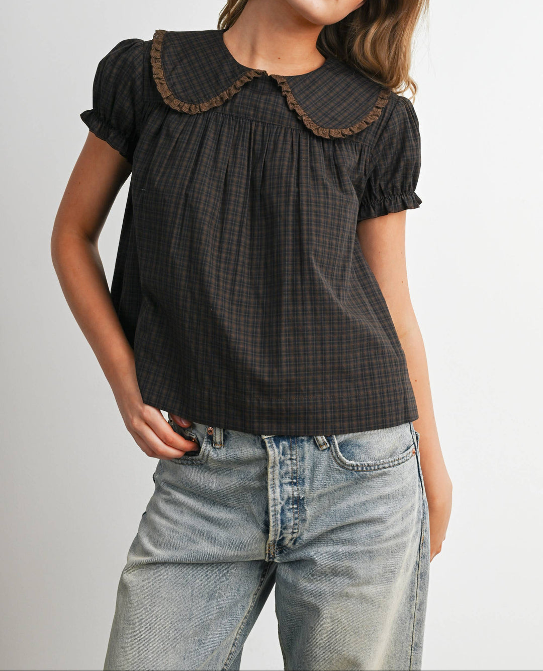 Plaid Peter Pan Collar Puff Sleeve Blouse