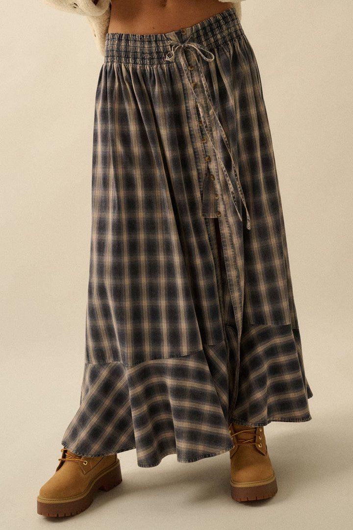 Sasha Plaid Flannel Button-Front Maxi Skirt