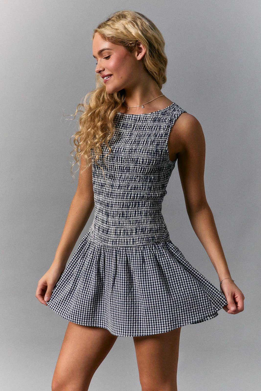 Angie Boat Neck Smocked Gingham Romper