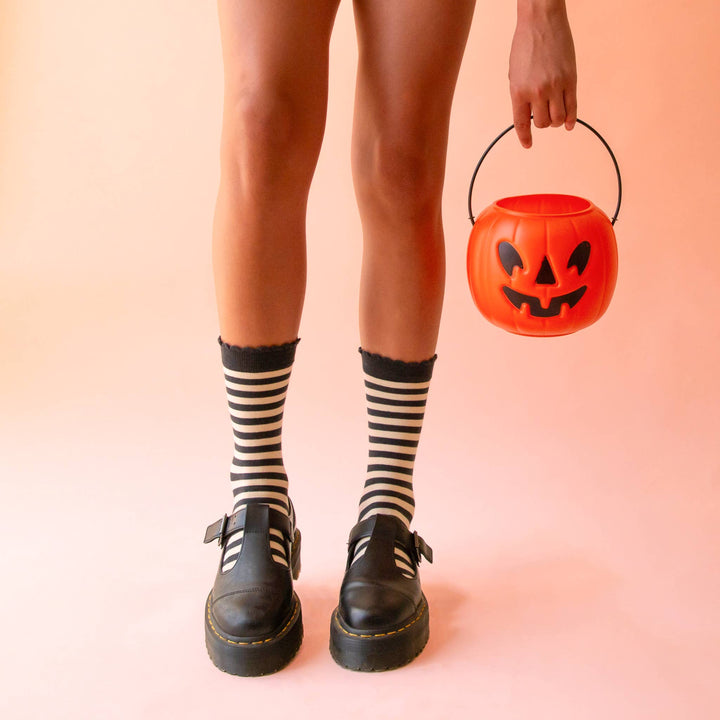 Black Halloween Striped Crew Socks