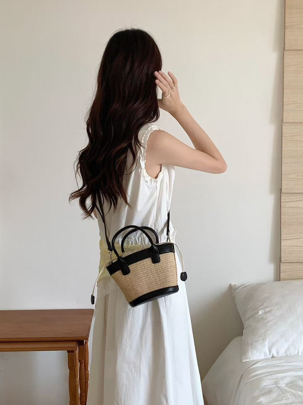 Mini Leather & Straw Tote Bag