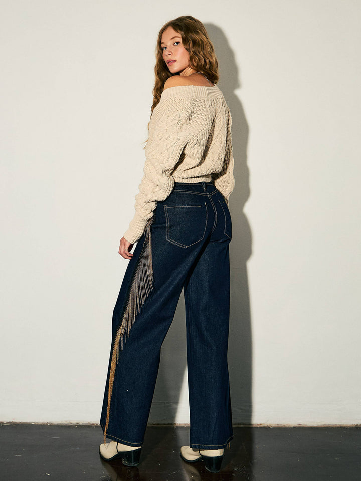 Metal Fringe Wide Leg Jeans