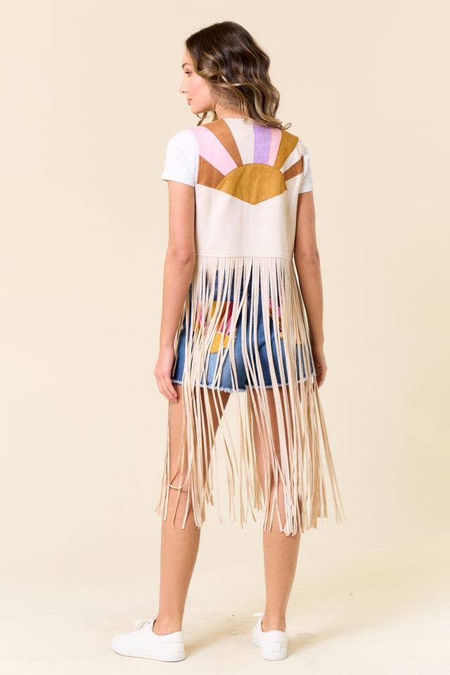 Hazel Color Patch Fringe Vest