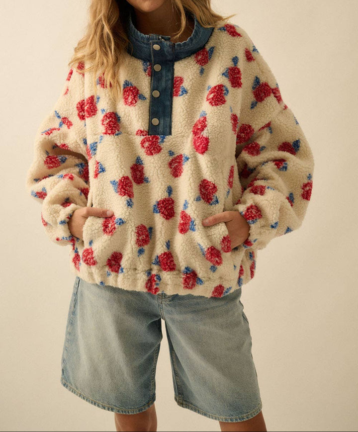 Janie Floral Fleece and Denim Pullover