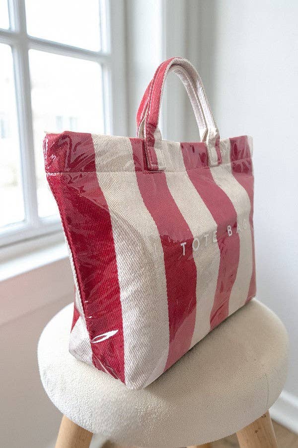 Red and Beige Striped Tote Bag