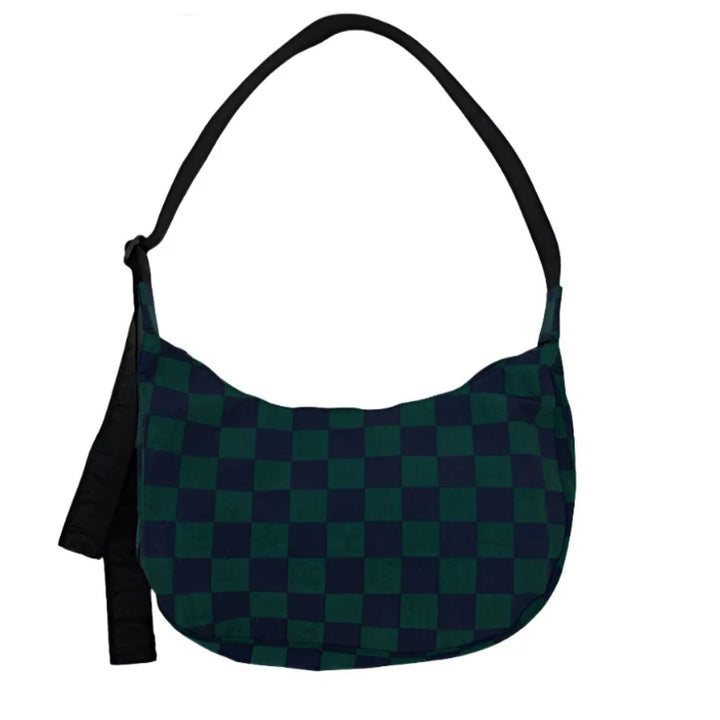 Medium Nylon Crescent Bag Navy Green Check