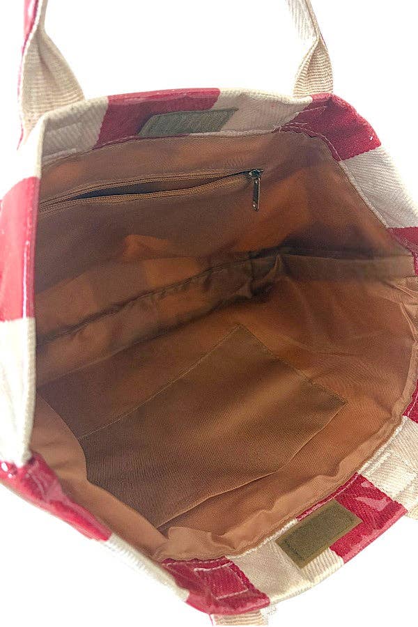 Red and Beige Striped Tote Bag