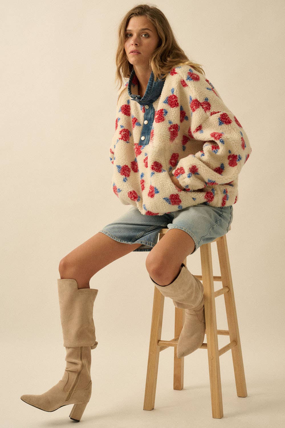Janie Floral Fleece and Denim Pullover