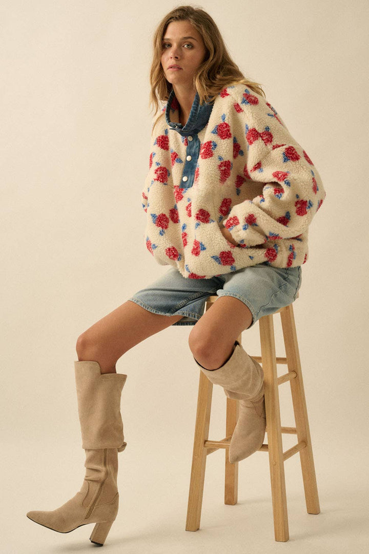 Janie Floral Fleece and Denim Pullover