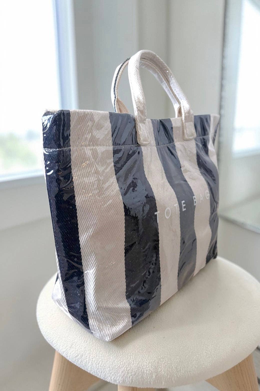 Navy and Beige Striped Tote Bag