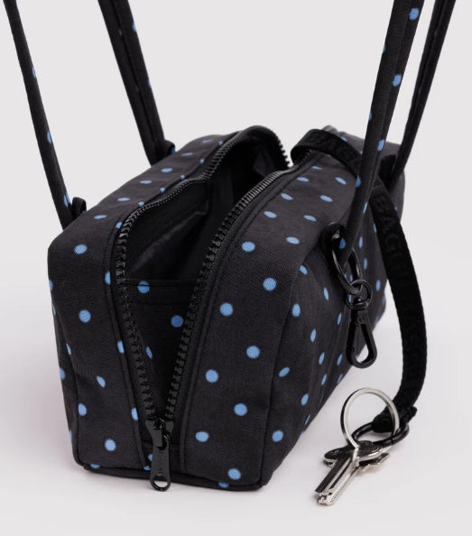 Baggu Small Nylon Bowler Bag - Black & Sky Blue Micro Dot