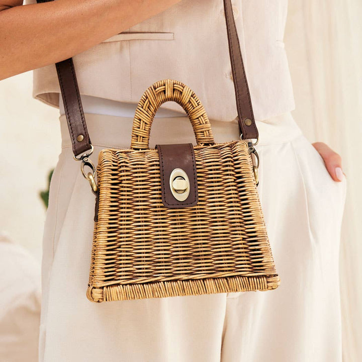 Petite Rattan Handbag with Detachable Leather Strap