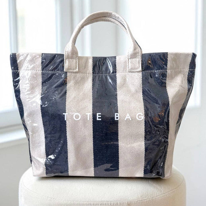 Navy and Beige Striped Tote Bag