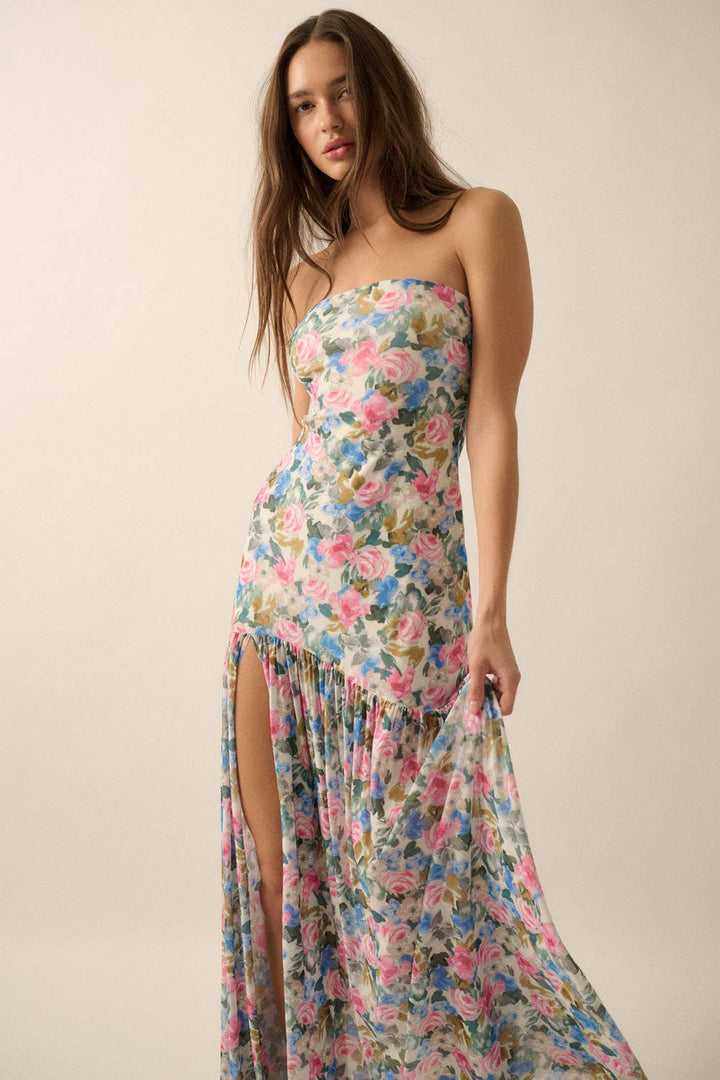Fiona Floral Mesh Strapless Maxi Dress