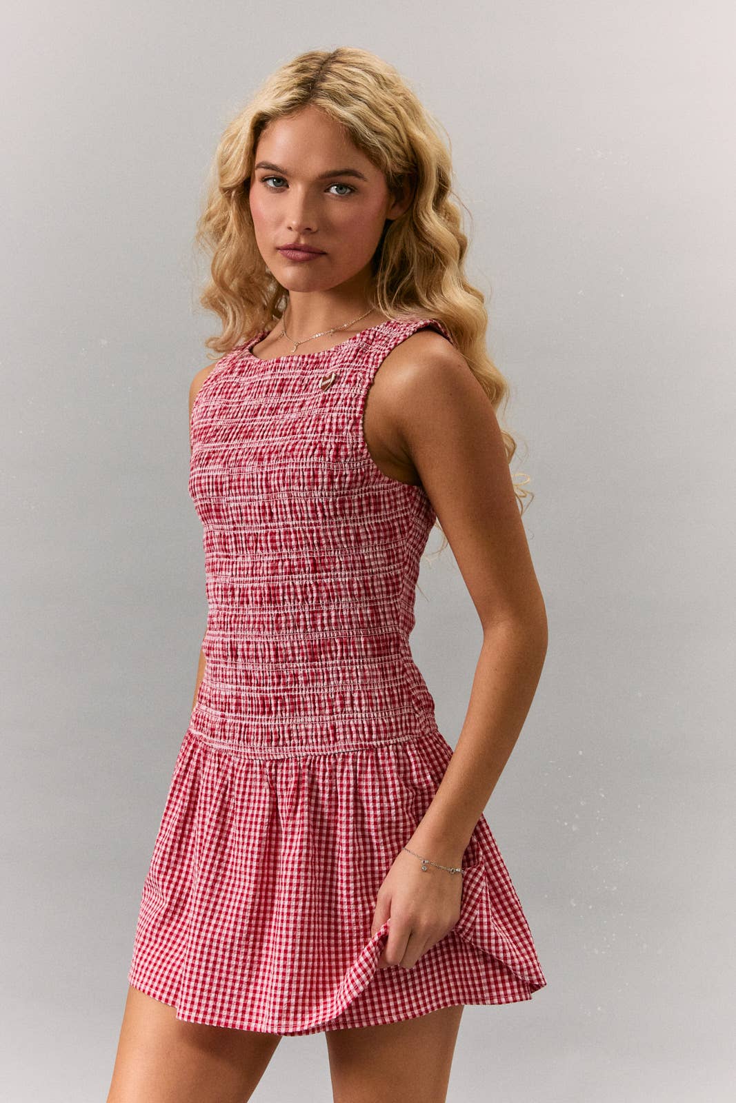 Angie Boat Neck Smocked Gingham Romper