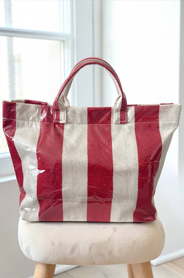 Red and Beige Striped Tote Bag