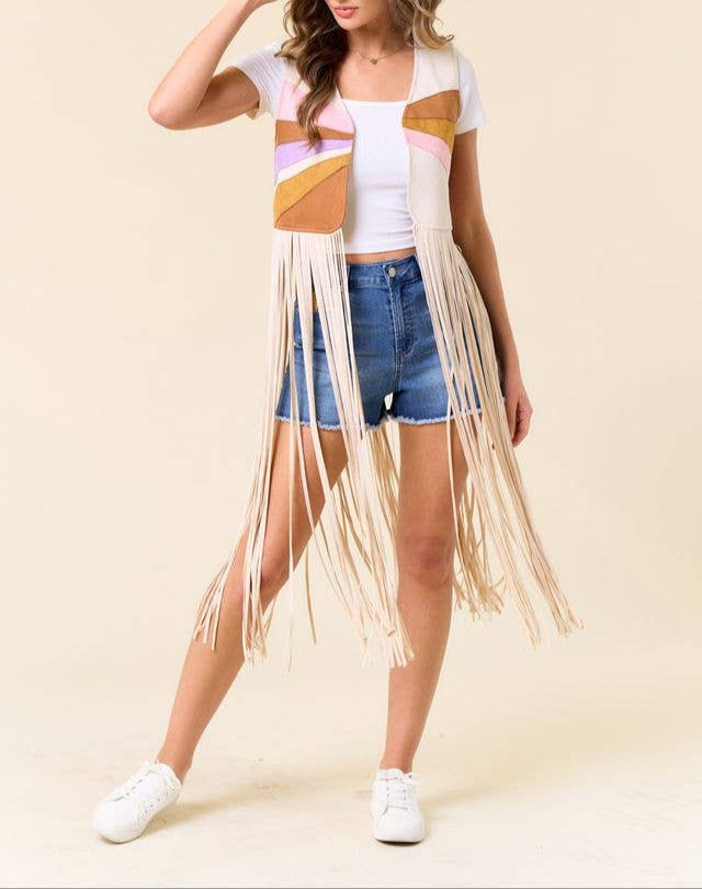 Hazel Color Patch Fringe Vest