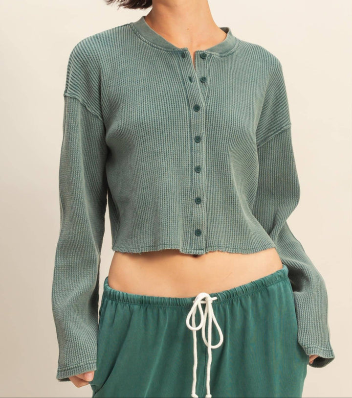 Addie Waffle Long Sleeve Buttoned Crop Top