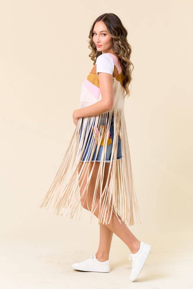 Hazel Color Patch Fringe Vest