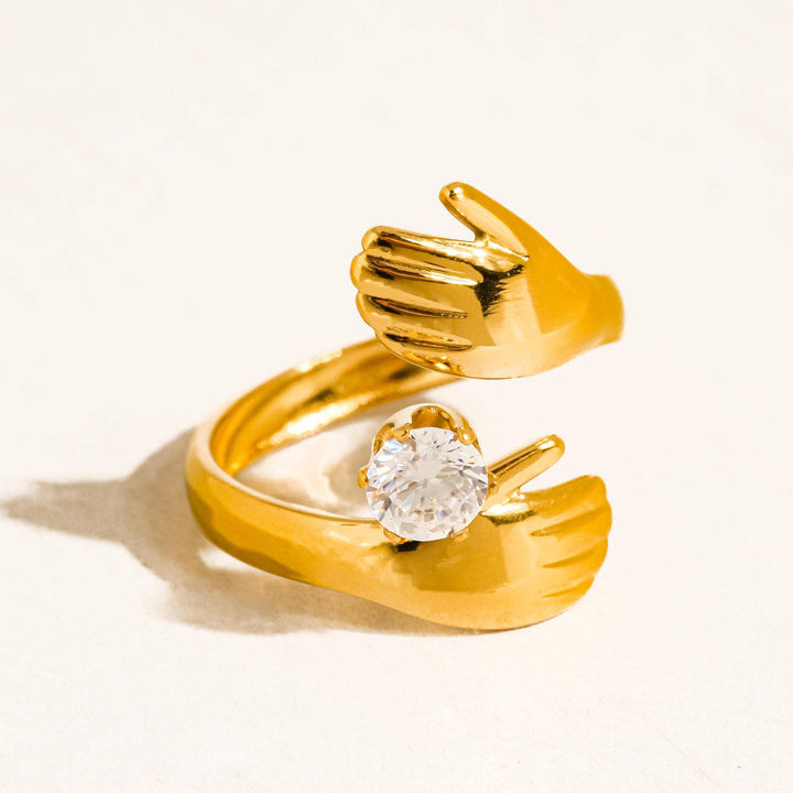 Zyne 18K Gold Non-Tarnish Hands Embrace CZ Ring